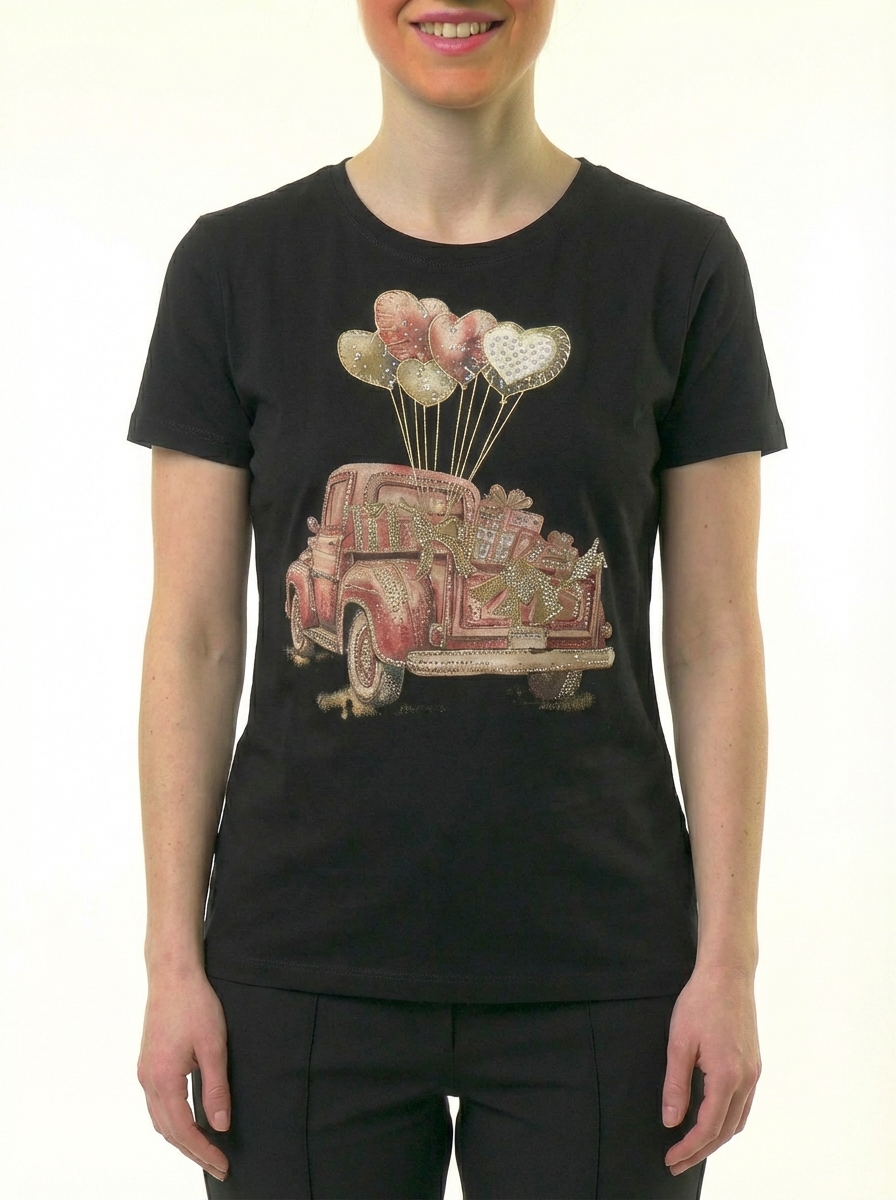 T-shirt noir à imprimé voiture rose et strass