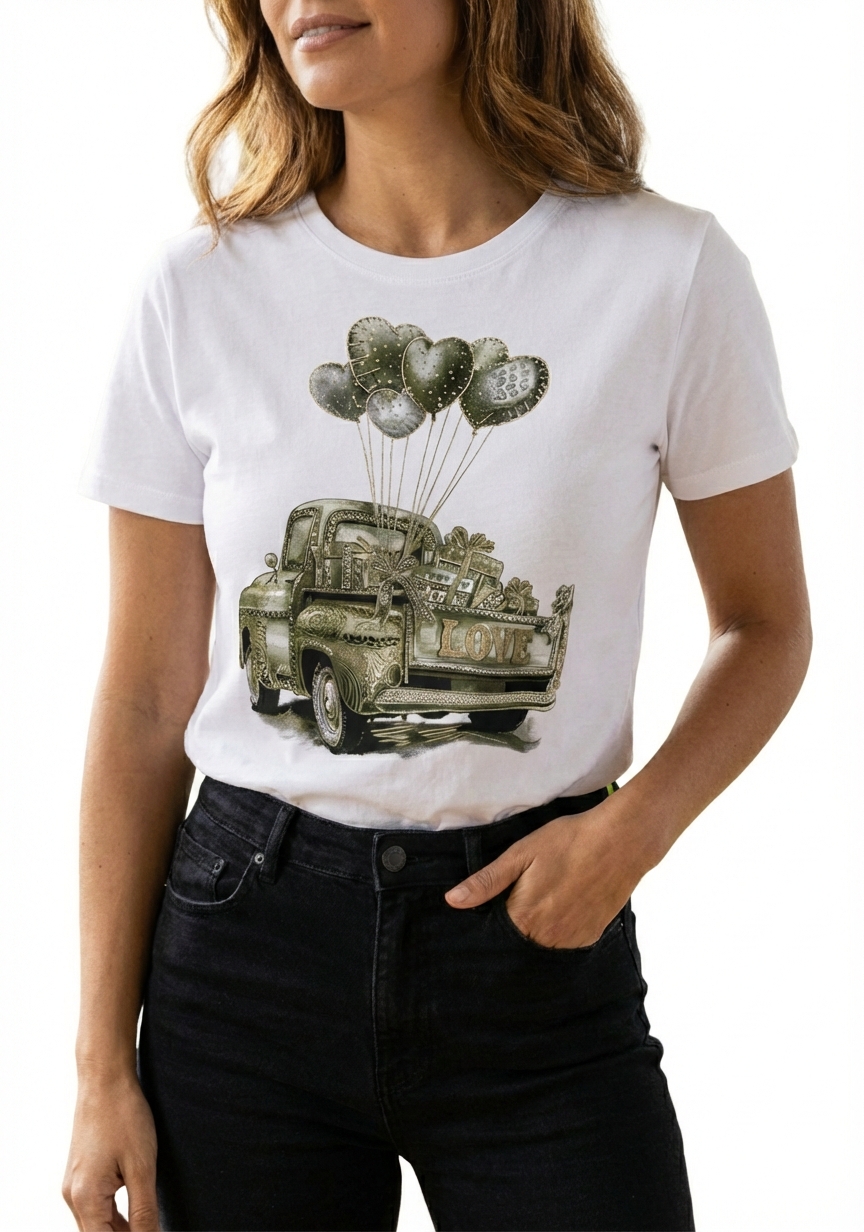 T-shirt blanc à imprimé voiture vert et strass