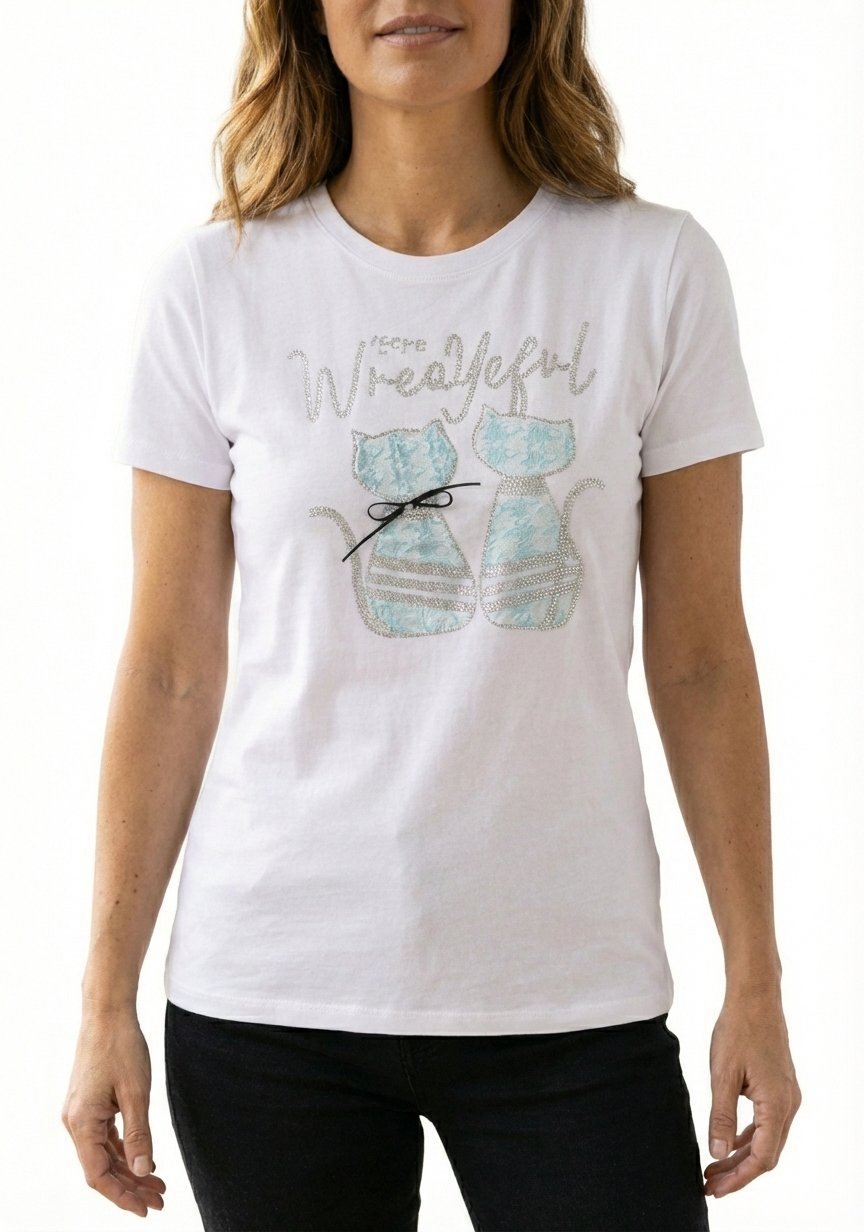 T-shirt blanc imprimé chat dentelle bleu