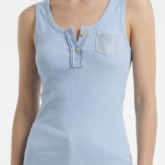 Débardeur à boutons et à poche strass Bleu ciel